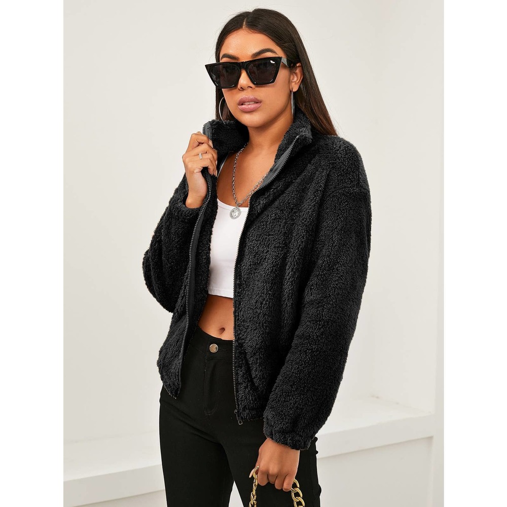 stand collar faux fur Zip Up Teddy Jacket teddy coat fall winter tan camel brown - Picture 9 of 10